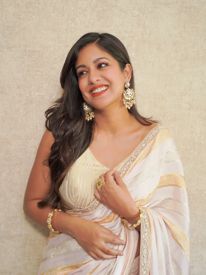 Ishita Dutta in Ice pink hand embroidered jacquard saree