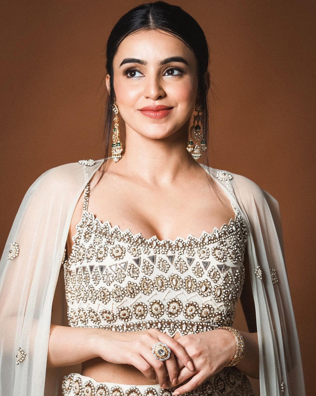 Ankita Sharma in Ivory Hand-embroidered Tulle Cape and Georgette skirt
