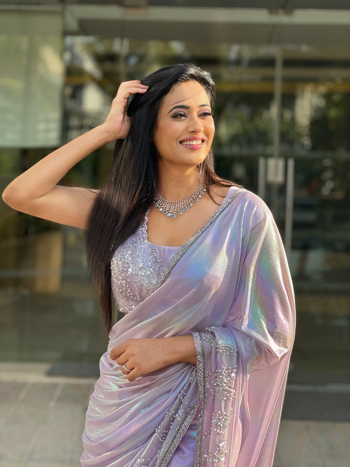 Shweta Tiwari in our Lilac hand embroidered sequence and peal work saree set