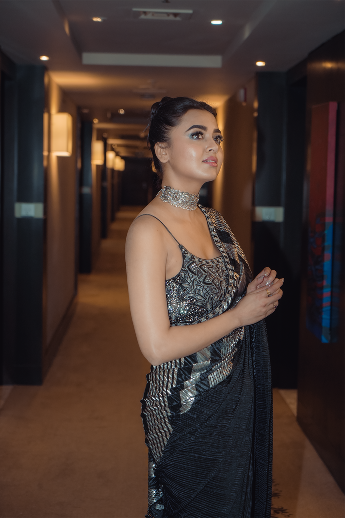 Tejasswi Prakash in our black and silver cocktail saree