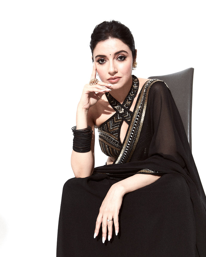 Divya kumar kholsa in our black hand emb saree with zig zack blouse