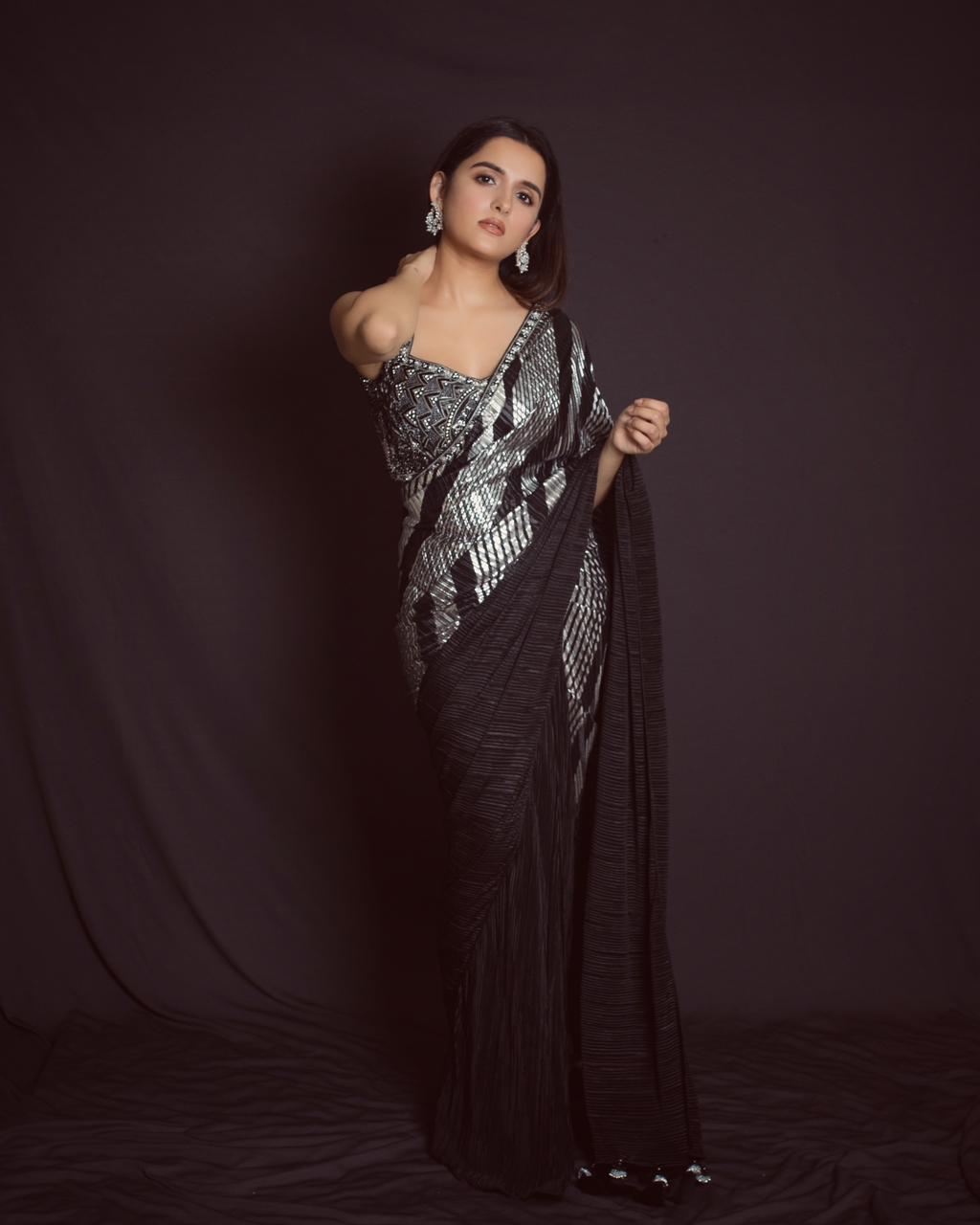 Shirley Setia in our black and silver cocktail saree