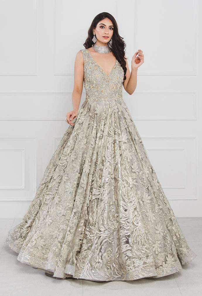 Grey Gold French Lace Gown