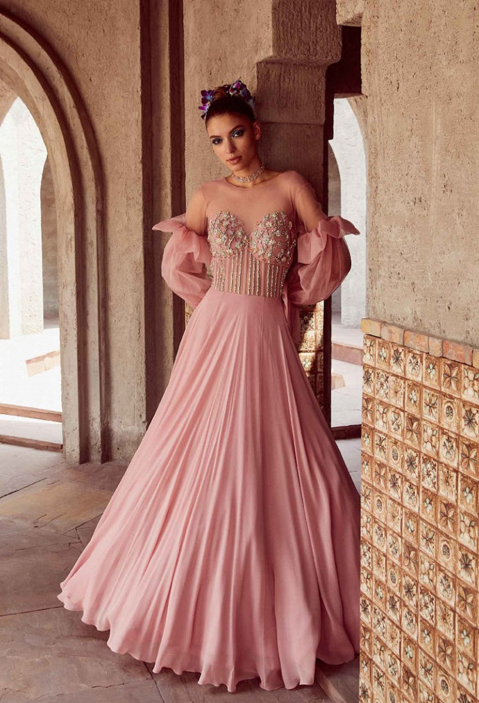 Sunkissed Pink Hand Embroidered Corset Gown With Puffed Sleeves