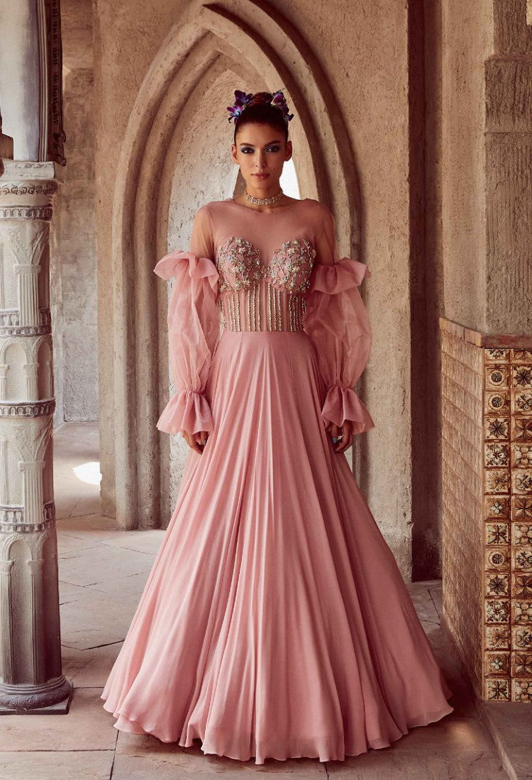 Adi By Aditya Khandelwl Cape Sleeve Embroidered Gown | Pink, Sequin,  Bodice, Boat, Ruffled Cape Sleeves | Embroidered gown, Gowns with sleeves,  Gowns