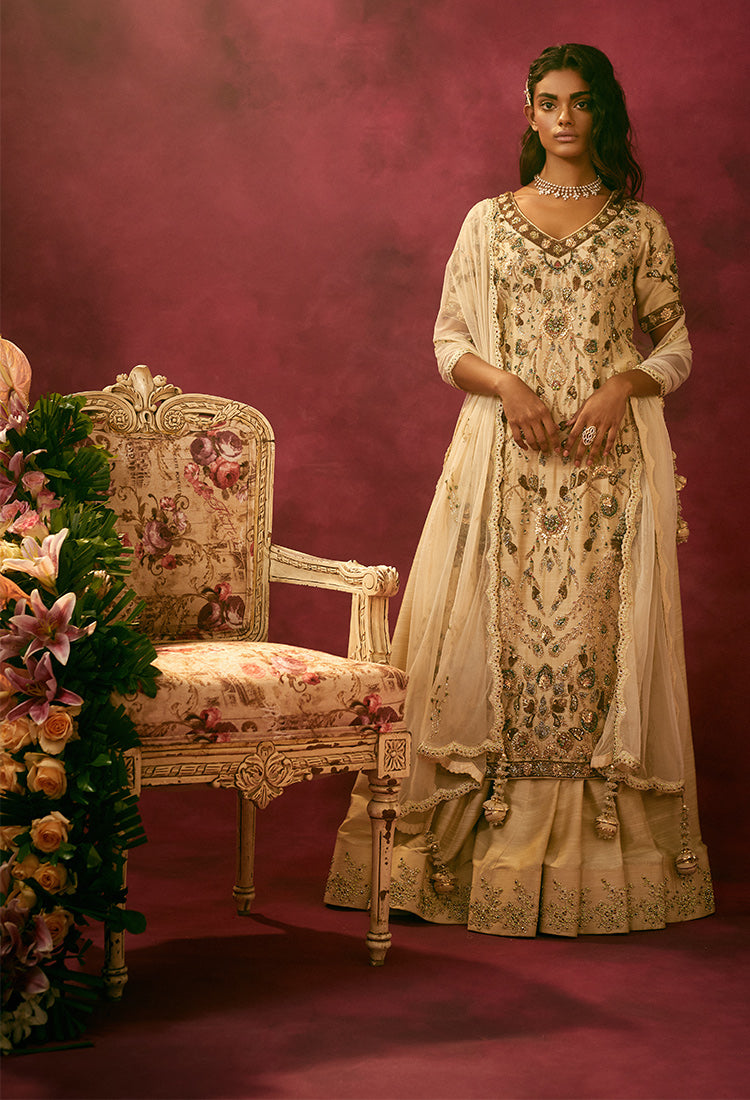 Beige Heavy Embroidered Long Suit With A Skirt
