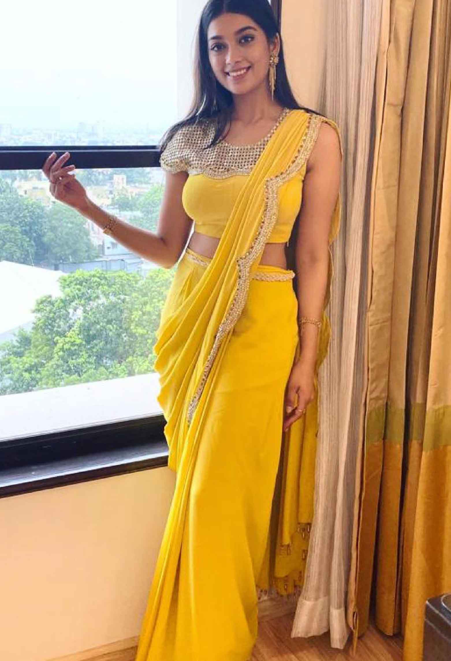 Digangna Surya Anshu in Yellow Mustard Pant Drape Saree