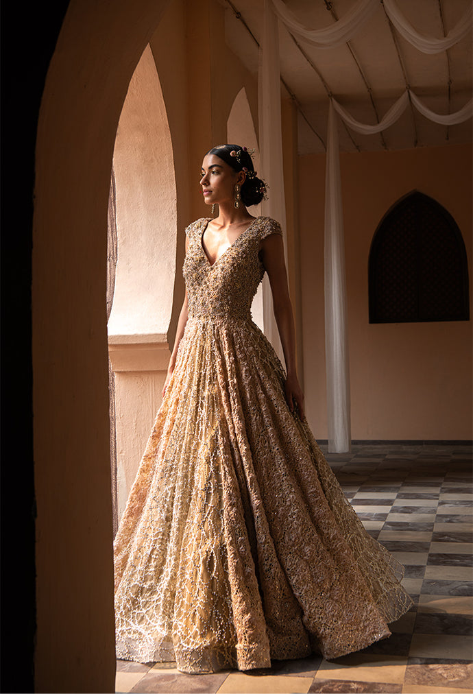 Golden French Lace Heavy Embroidered Gown