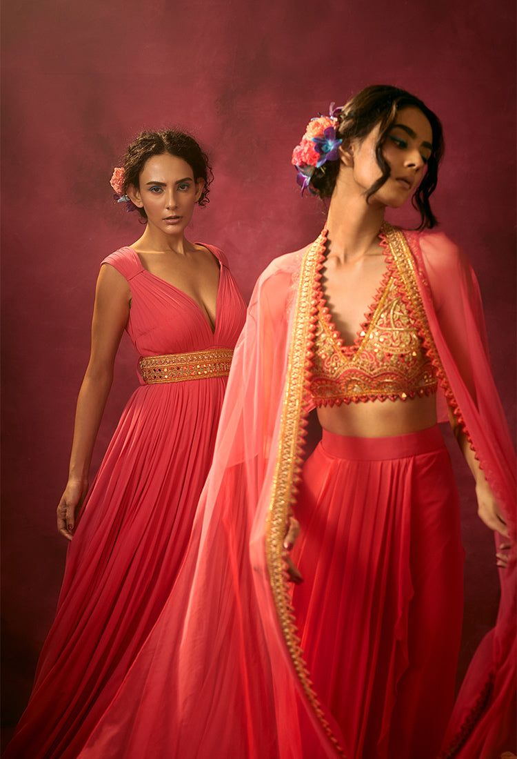 Divyanka Tripathi Dahiya in Coral Pink Blouse and Cape with Drape Skirt