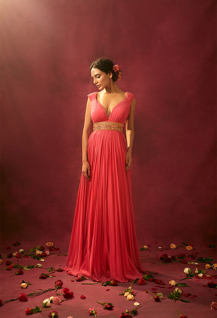Coral Pleated Gown With Belt