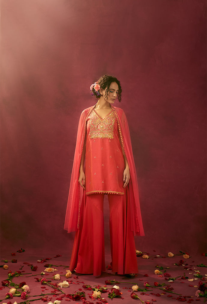 Coral Mirror And Gota Work Sharara Suit