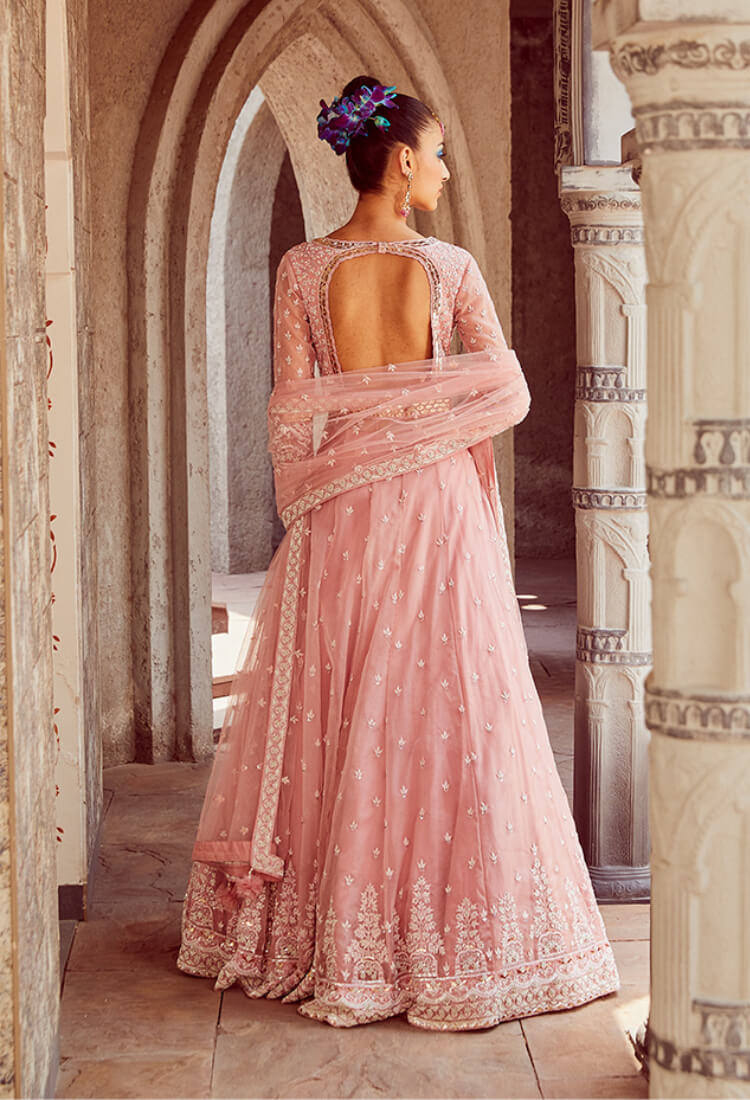 Sunkissed Pink Long Hand Embroidered Jacket With Skirt