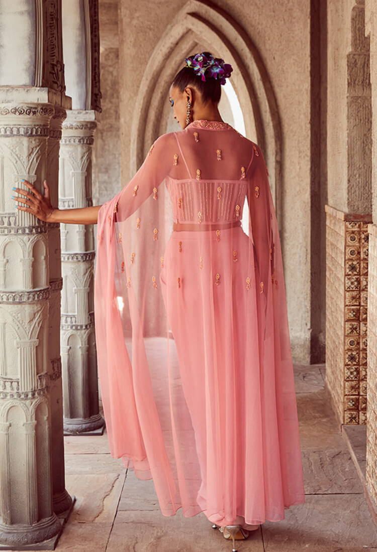 Sunkissed Pink Corset Drape Saree With Cape