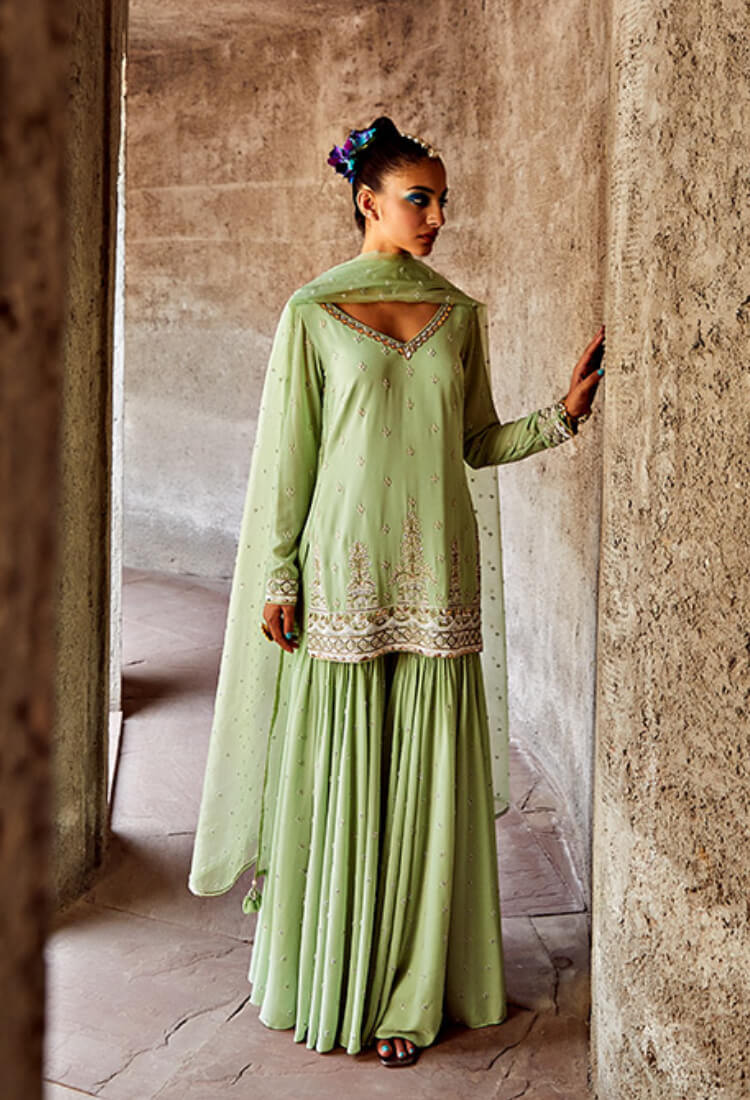 Sea Green Hand Embroidered Sharara Suit