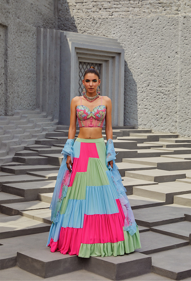 Tulsi Kumar in Multicoloured Corset Lehenga