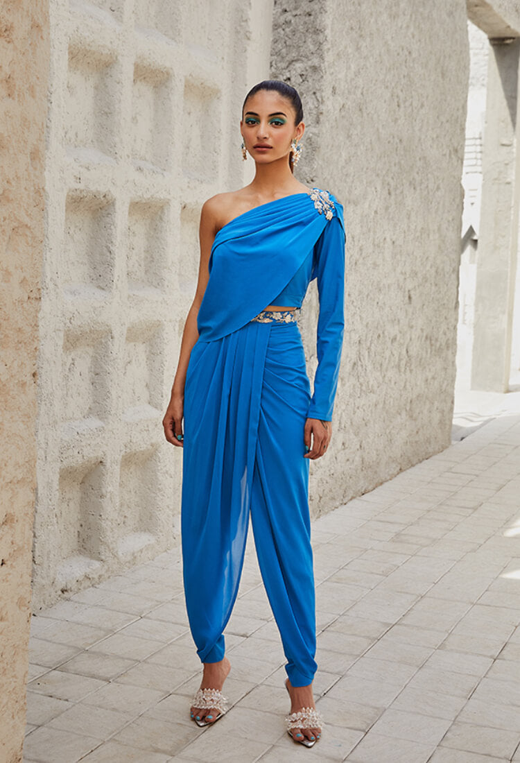 Yale Blue Drape Top With Pant